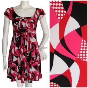B-WEAR TOO! Dress, Jr M, Swirly Polka dot busy pattern, Short sleeves